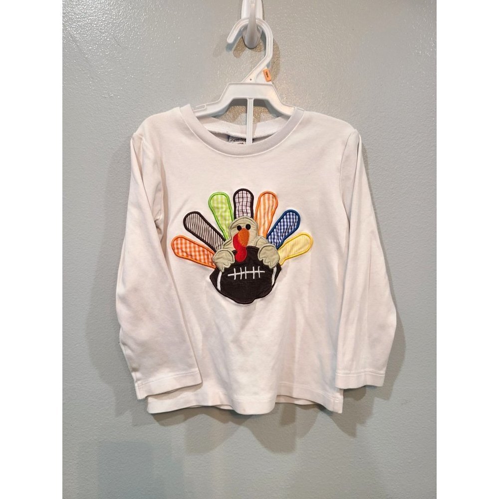 Three Sisters Shirt Boys 5 White Long Sleeve Applique Turkey Football Thanksgivi